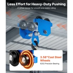 VEVOR Manual Trolley, 2200 lbs/1 Ton Load Capacity, Push Beam Trolley with Dual Wheels, Adjustable for I-Beam Flange Width 2.4" to 7", Heavy Duty Carbon Steel Garage Hoist for Straight & Curved I Beam