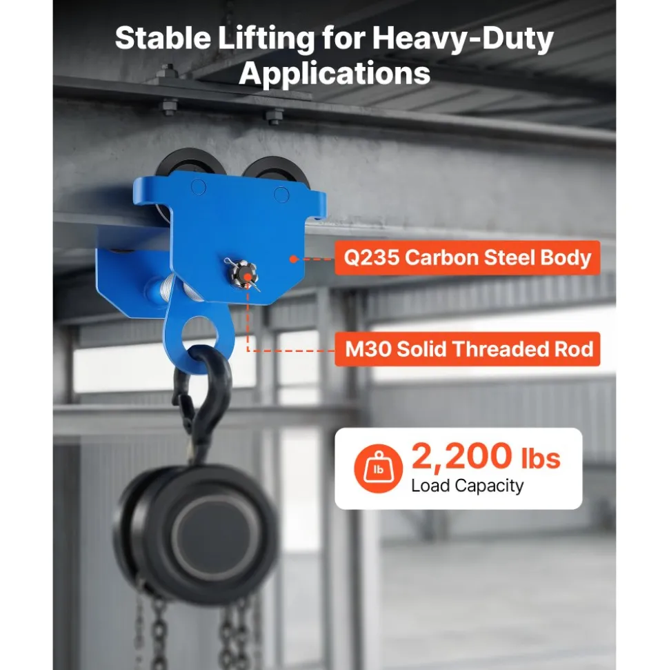 VEVOR Manual Trolley, 2200 lbs/1 Ton Load Capacity, Push Beam Trolley with Dual Wheels, Adjustable for I-Beam Flange Width 2.4" to 7", Heavy Duty Carbon Steel Garage Hoist for Straight & Curved I Beam