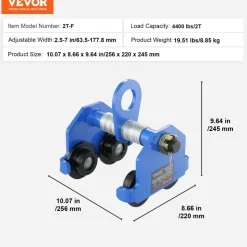 VEVOR Manual Trolley, 4400 lbs/2 Ton Load Capacity, Push Beam Trolley with Dual Wheels, Adjustable for I-Beam Flange Width 2.5