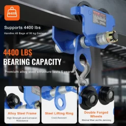 VEVOR Manual Trolley, 4400 lbs/2 Ton Load Capacity, Push Beam Trolley with Dual Wheels, Adjustable for I-Beam Flange Width 2.5