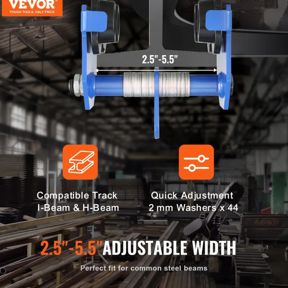 VEVOR Manual Trolley, 1100 lbs/0.5 Ton Load Capacity Push Beam Trolley with Dual Wheels, Adjustable for I-Beam Flange Width 2.5" to 5.5", Heavy Duty Alloy Steel Garage Hoist for Straight Curved I Beam