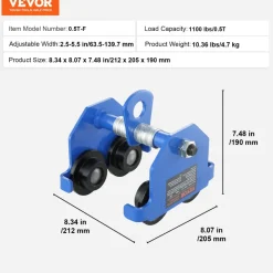 VEVOR Manual Trolley, 1100 lbs/0.5 Ton Load Capacity Push Beam Trolley with Dual Wheels, Adjustable for I-Beam Flange Width 2.5