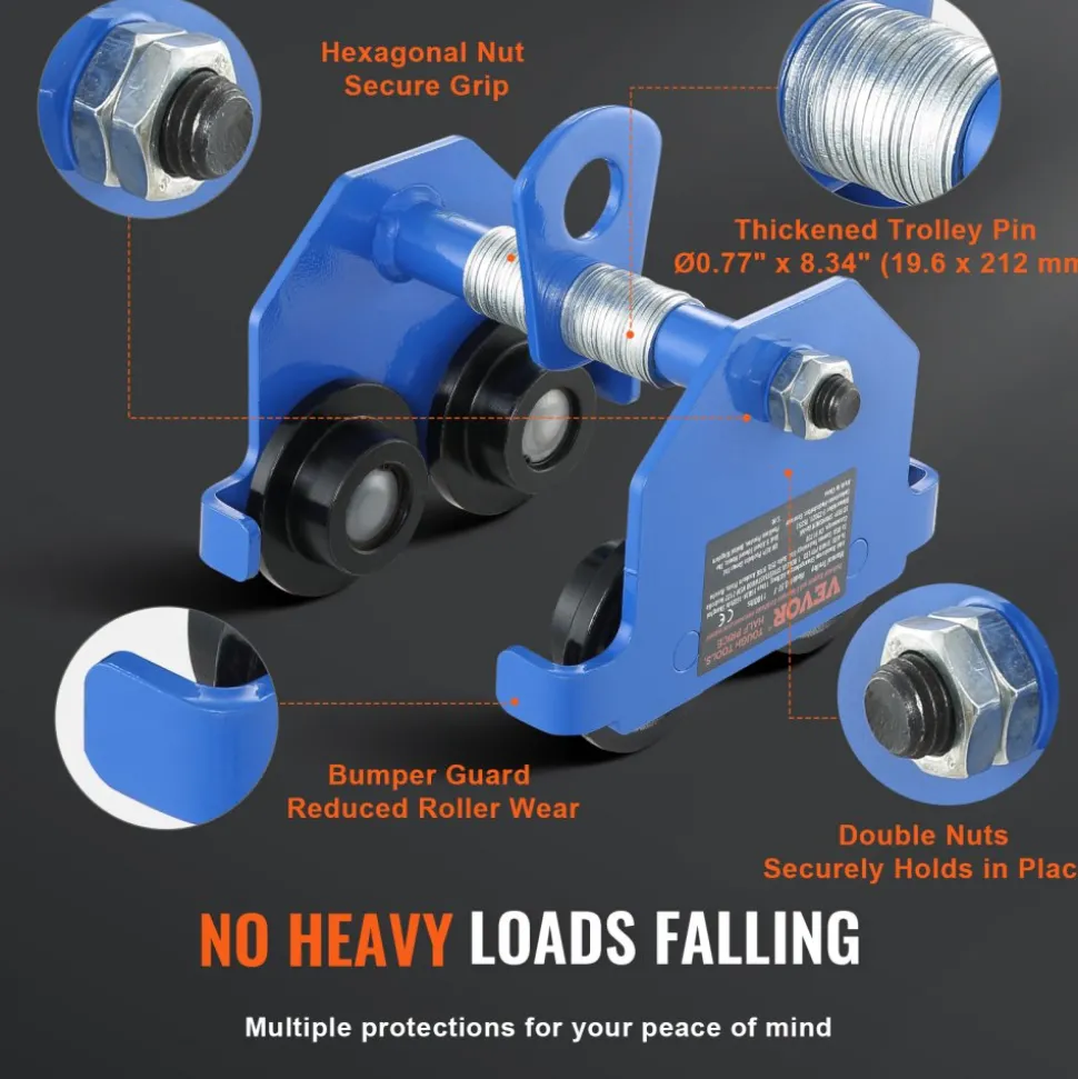 VEVOR Manual Trolley, 1100 lbs/0.5 Ton Load Capacity Push Beam Trolley with Dual Wheels, Adjustable for I-Beam Flange Width 2.5" to 5.5", Heavy Duty Alloy Steel Garage Hoist for Straight Curved I Beam