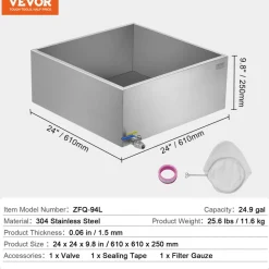 VEVOR Maple Syrup Evaporator Pan, 24.9 Gallon, 362 Cups of 8.8oz Maple Syrup, Flat Evaporator Pan with 1 Valve and 3 Heating Methods, 304 Stainless Steel Maple Syrup Pan for Home, Outdoor