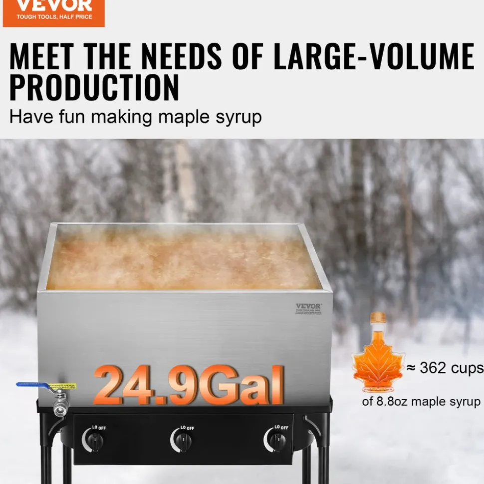 VEVOR Maple Syrup Evaporator Pan, 24.9 Gallon, 362 Cups of 8.8oz Maple Syrup, Flat Evaporator Pan with 1 Valve and 3 Heating Methods, 304 Stainless Steel Maple Syrup Pan for Home, Outdoor