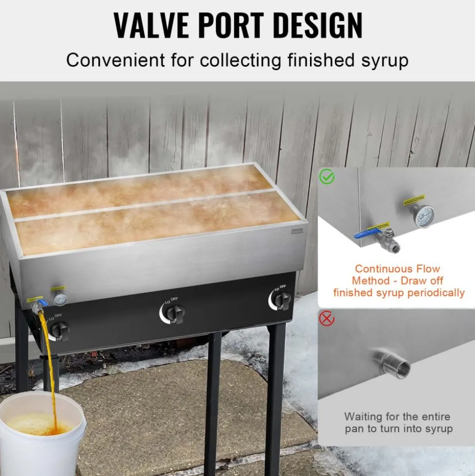 VEVOR Maple Syrup Evaporator Pan, 47 Gallon, 683 Cups of 8.8oz Maple Syrup, Flat Evaporator Pan with Thermometer, 1 Valve and 3 Heating Methods, Stainless Steel Maple Syrup Pan for Home, Outdoor