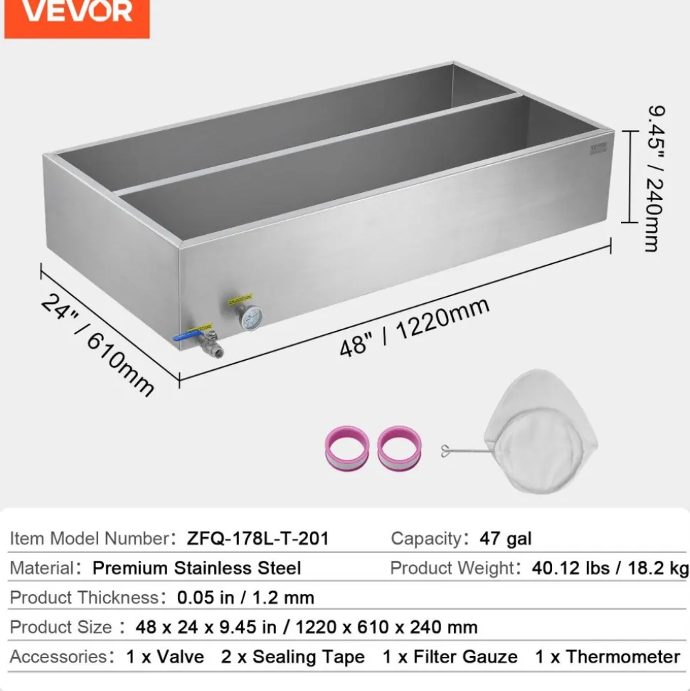 VEVOR Maple Syrup Evaporator Pan, 47 Gallon, 683 Cups of 8.8oz Maple Syrup, Flat Evaporator Pan with Thermometer, 1 Valve and 3 Heating Methods, Stainless Steel Maple Syrup Pan for Home, Outdoor