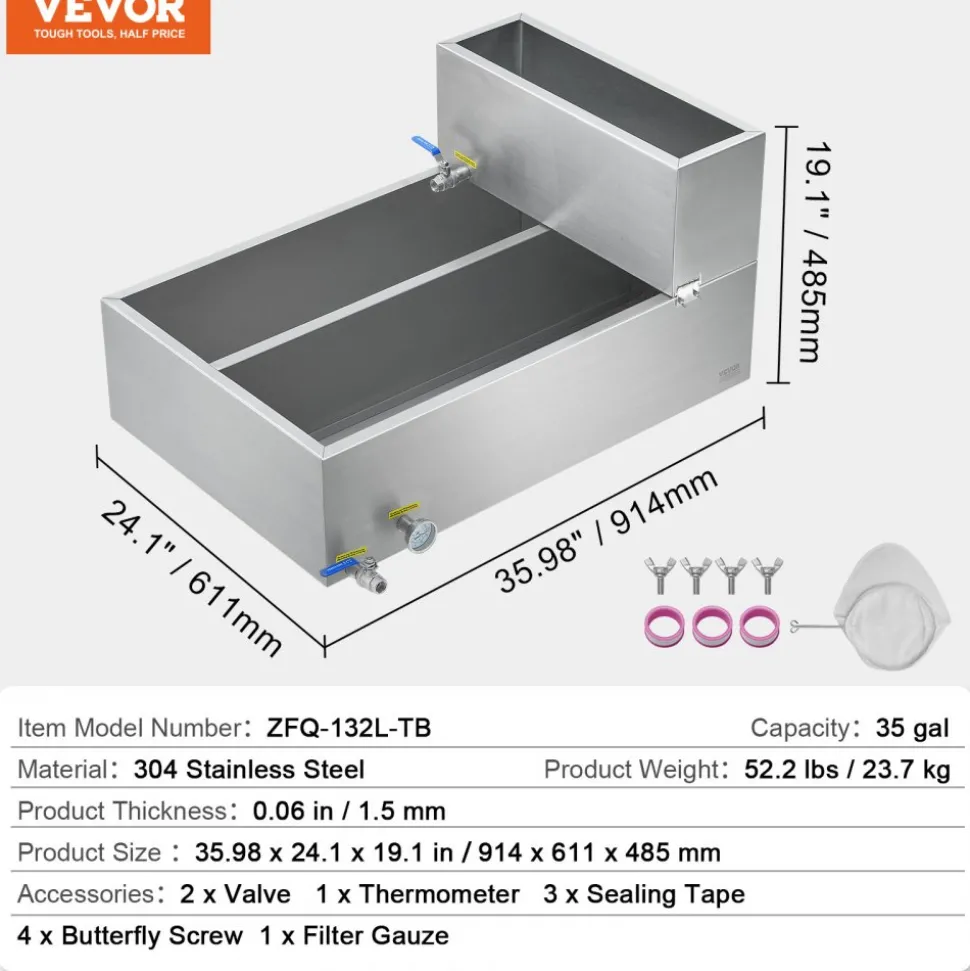 VEVOR Maple Syrup Evaporator Pan, 35 Gallon, 509 Cups of 8.8oz Maple Syrup, Flat Evaporator Pan with Thermometer, 2 Valves and 3 Heating Methods, 304 Stainless Steel Maple Syrup Pan for Home, Outdoor