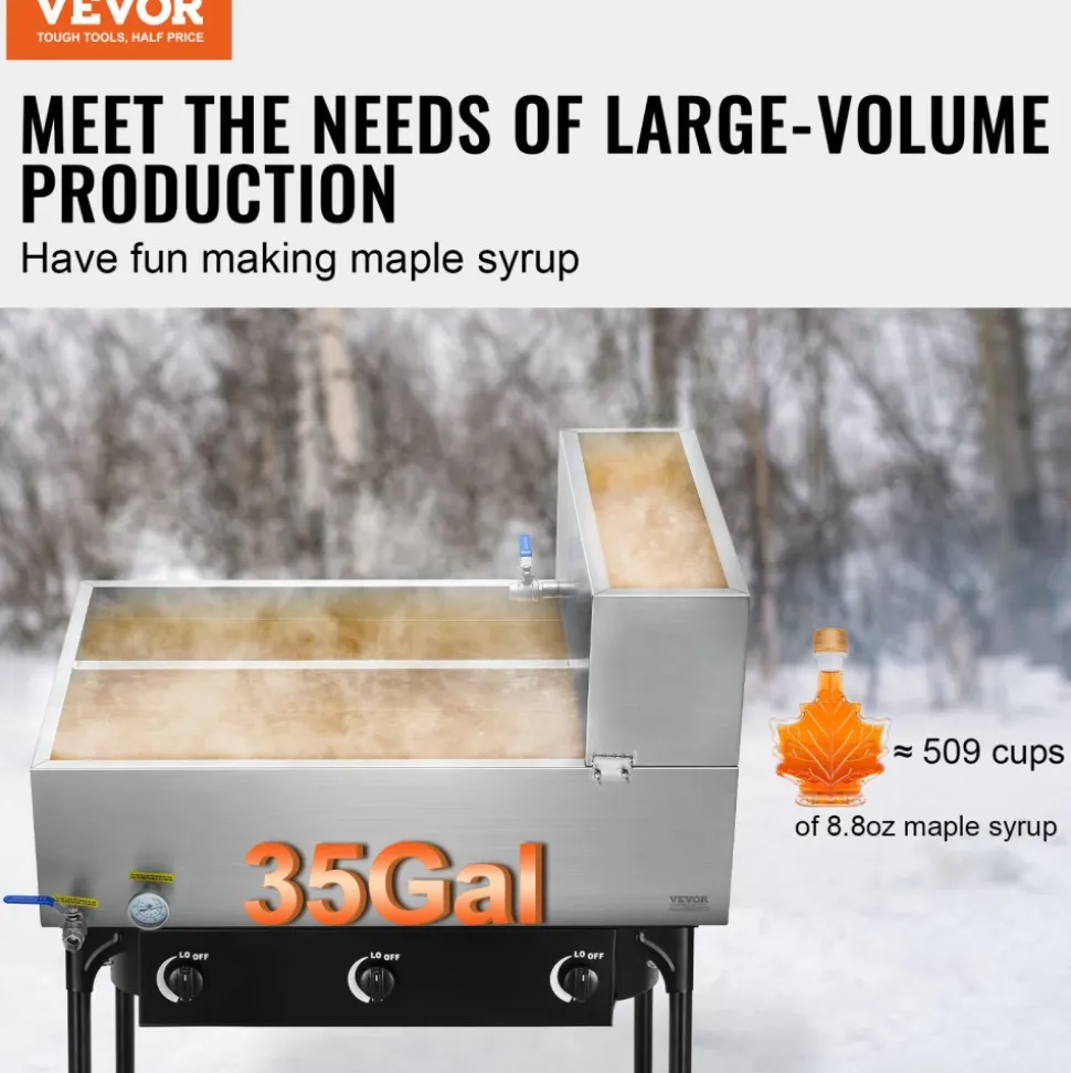 VEVOR Maple Syrup Evaporator Pan, 35 Gallon, 509 Cups of 8.8oz Maple Syrup, Flat Evaporator Pan with Thermometer, 2 Valves and 3 Heating Methods, 304 Stainless Steel Maple Syrup Pan for Home, Outdoor