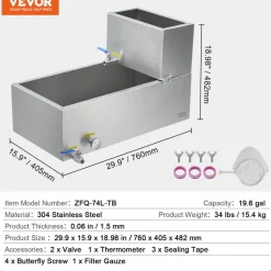 VEVOR Maple Syrup Evaporator Pan, 19.6 Gallon, 285 Cups of 8.8oz Maple Syrup, Flat Evaporator Pan with Thermometer, 2 Valves and 3 Heating Methods, 304 Stainless Steel Maple Syrup Pan for Home, Outdoor