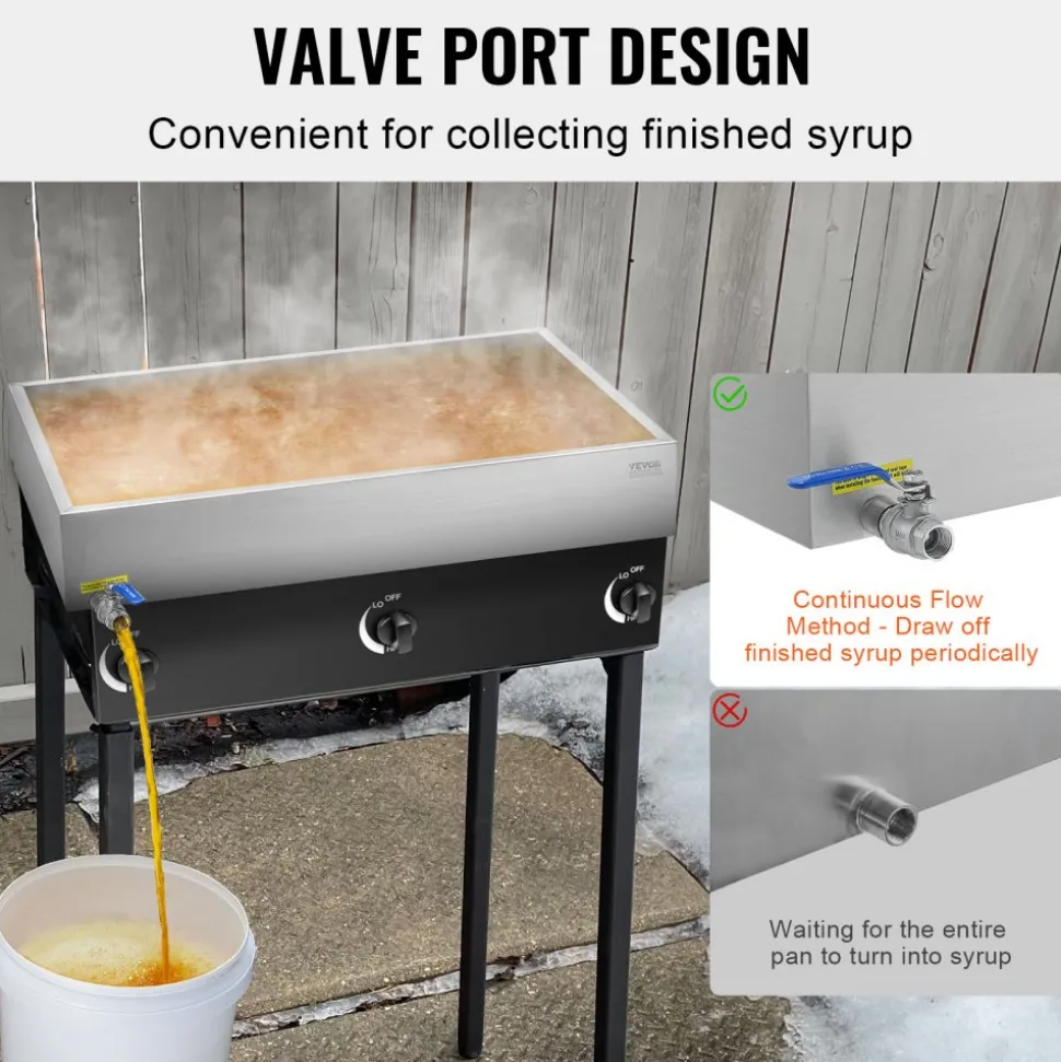 VEVOR Maple Syrup Evaporator Pan, 22.4 Gallon, 325 Cups of 8.8oz Maple Syrup, Flat Evaporator Pan with 1 Valve and 3 Heating Methods, 304 Stainless Steel Maple Syrup Pan for Home, Outdoor