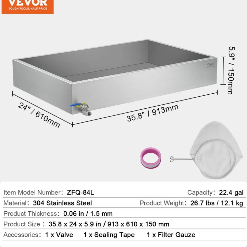 VEVOR Maple Syrup Evaporator Pan, 22.4 Gallon, 325 Cups of 8.8oz Maple Syrup, Flat Evaporator Pan with 1 Valve and 3 Heating Methods, 304 Stainless Steel Maple Syrup Pan for Home, Outdoor