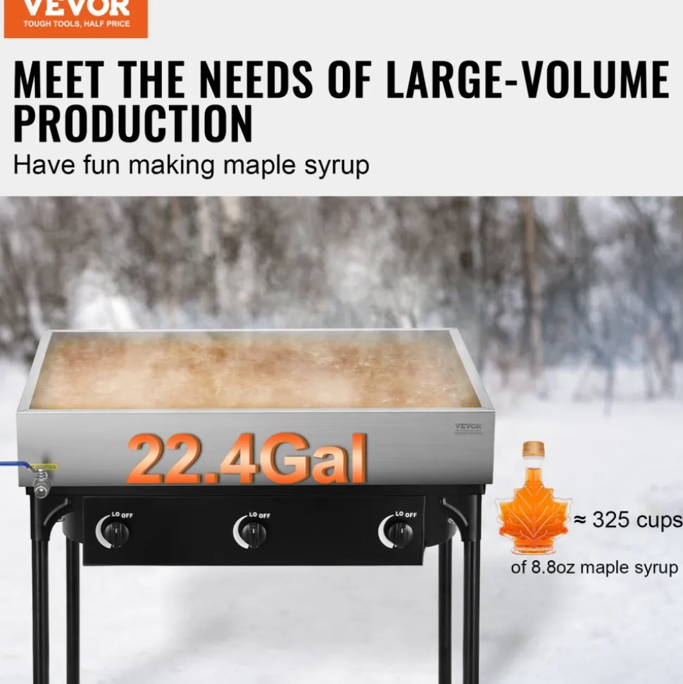 VEVOR Maple Syrup Evaporator Pan, 22.4 Gallon, 325 Cups of 8.8oz Maple Syrup, Flat Evaporator Pan with 1 Valve and 3 Heating Methods, 304 Stainless Steel Maple Syrup Pan for Home, Outdoor