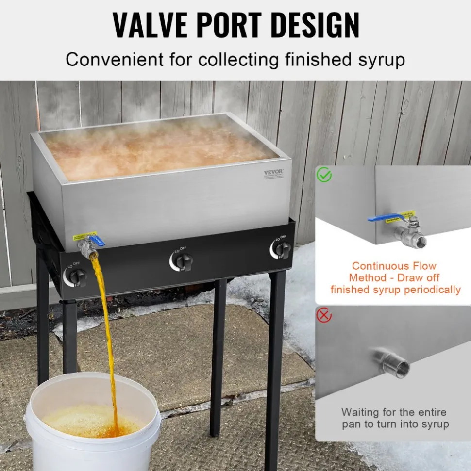 VEVOR Maple Syrup Evaporator Pan, 17.5 Gallon, 254 Cups of 8.8oz Maple Syrup, Flat Evaporator Pan with 1 Valve and 3 Heating Methods, 304 Stainless Steel Maple Syrup Pan for Home, Outdoor
