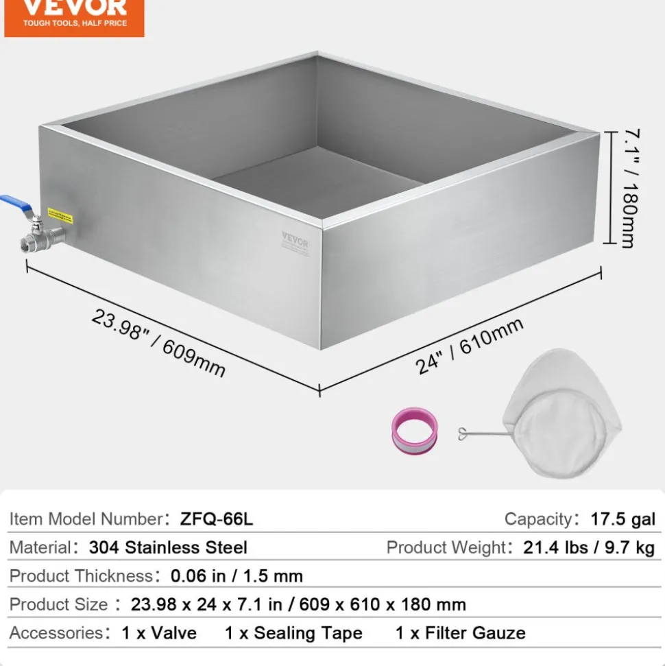 VEVOR Maple Syrup Evaporator Pan, 17.5 Gallon, 254 Cups of 8.8oz Maple Syrup, Flat Evaporator Pan with 1 Valve and 3 Heating Methods, 304 Stainless Steel Maple Syrup Pan for Home, Outdoor