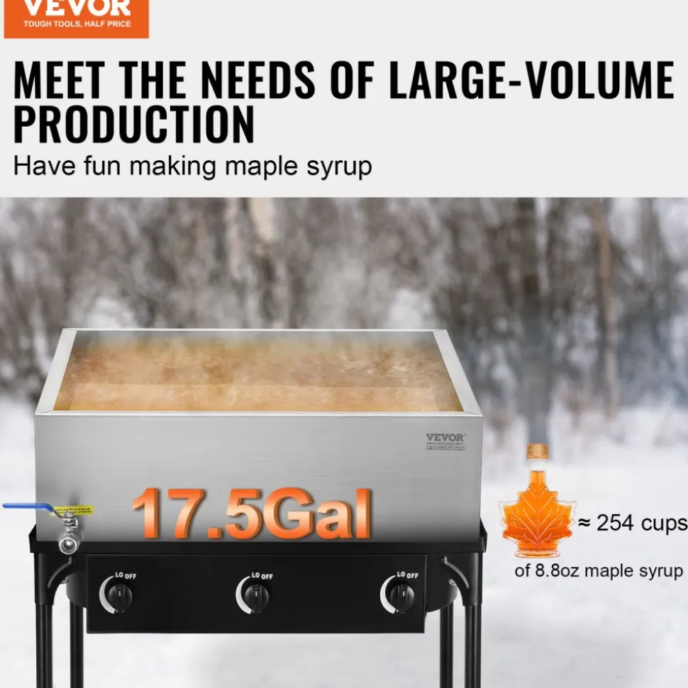 VEVOR Maple Syrup Evaporator Pan, 17.5 Gallon, 254 Cups of 8.8oz Maple Syrup, Flat Evaporator Pan with 1 Valve and 3 Heating Methods, 304 Stainless Steel Maple Syrup Pan for Home, Outdoor