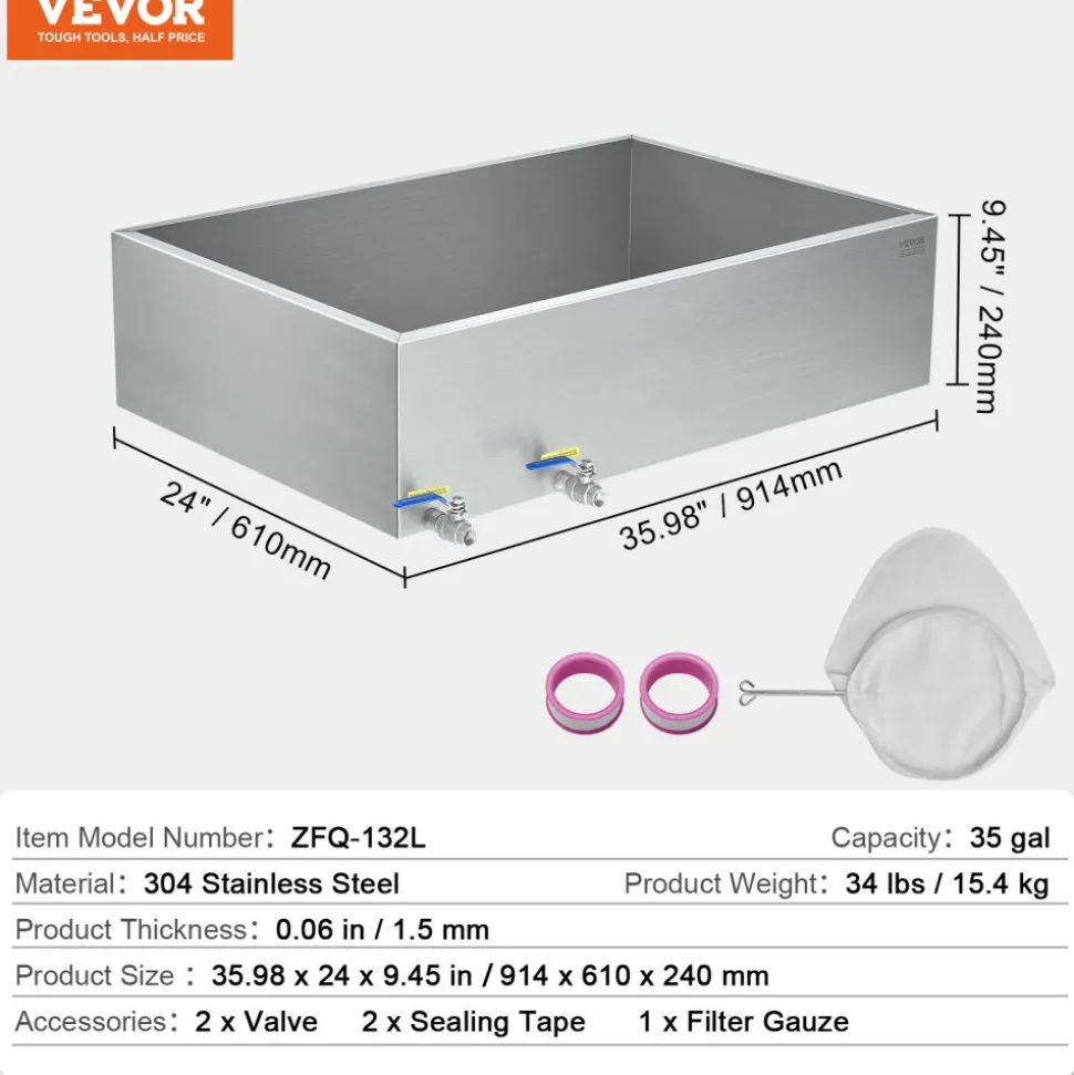 VEVOR Maple Syrup Evaporator Pan, 35 Gallon, 509 Cups of 8.8oz Maple Syrup, Flat Evaporator Pan with 2 Valves and 3 Heating Methods, 304 Stainless Steel Maple Syrup Pan for Home, Outdoor