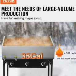 VEVOR Maple Syrup Evaporator Pan, 35 Gallon, 509 Cups of 8.8oz Maple Syrup, Flat Evaporator Pan with 2 Valves and 3 Heating Methods, 304 Stainless Steel Maple Syrup Pan for Home, Outdoor
