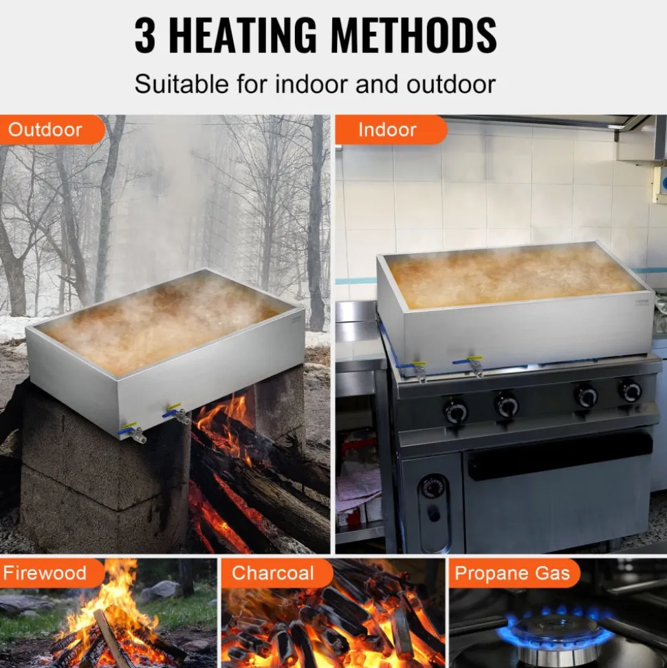 VEVOR Maple Syrup Evaporator Pan, 35 Gallon, 509 Cups of 8.8oz Maple Syrup, Flat Evaporator Pan with 2 Valves and 3 Heating Methods, 304 Stainless Steel Maple Syrup Pan for Home, Outdoor