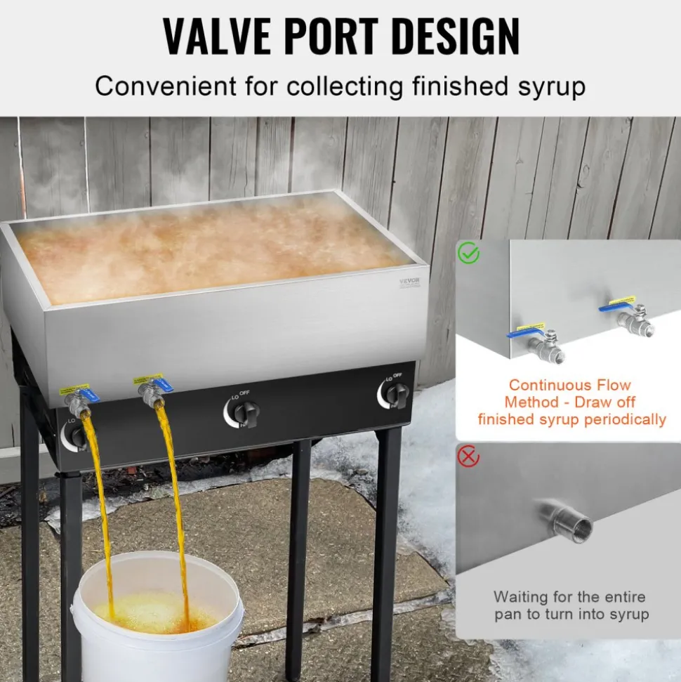VEVOR Maple Syrup Evaporator Pan, 35 Gallon, 509 Cups of 8.8oz Maple Syrup, Flat Evaporator Pan with 2 Valves and 3 Heating Methods, 304 Stainless Steel Maple Syrup Pan for Home, Outdoor