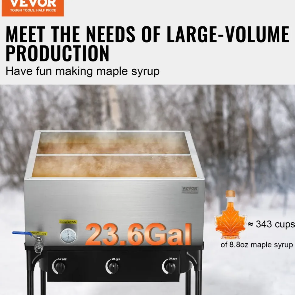 VEVOR Maple Syrup Evaporator Pan, 23.6 Gallon, 343 Cups of 8.8oz Maple Syrup, Flat Evaporator Pan with Thermometer, 1 Valve and 3 Heating Methods, 304 Stainless Steel Maple Syrup Pan for Home, Outdoor