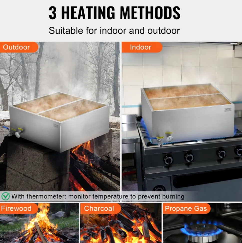VEVOR Maple Syrup Evaporator Pan, 23.6 Gallon, 343 Cups of 8.8oz Maple Syrup, Flat Evaporator Pan with Thermometer, 1 Valve and 3 Heating Methods, 304 Stainless Steel Maple Syrup Pan for Home, Outdoor