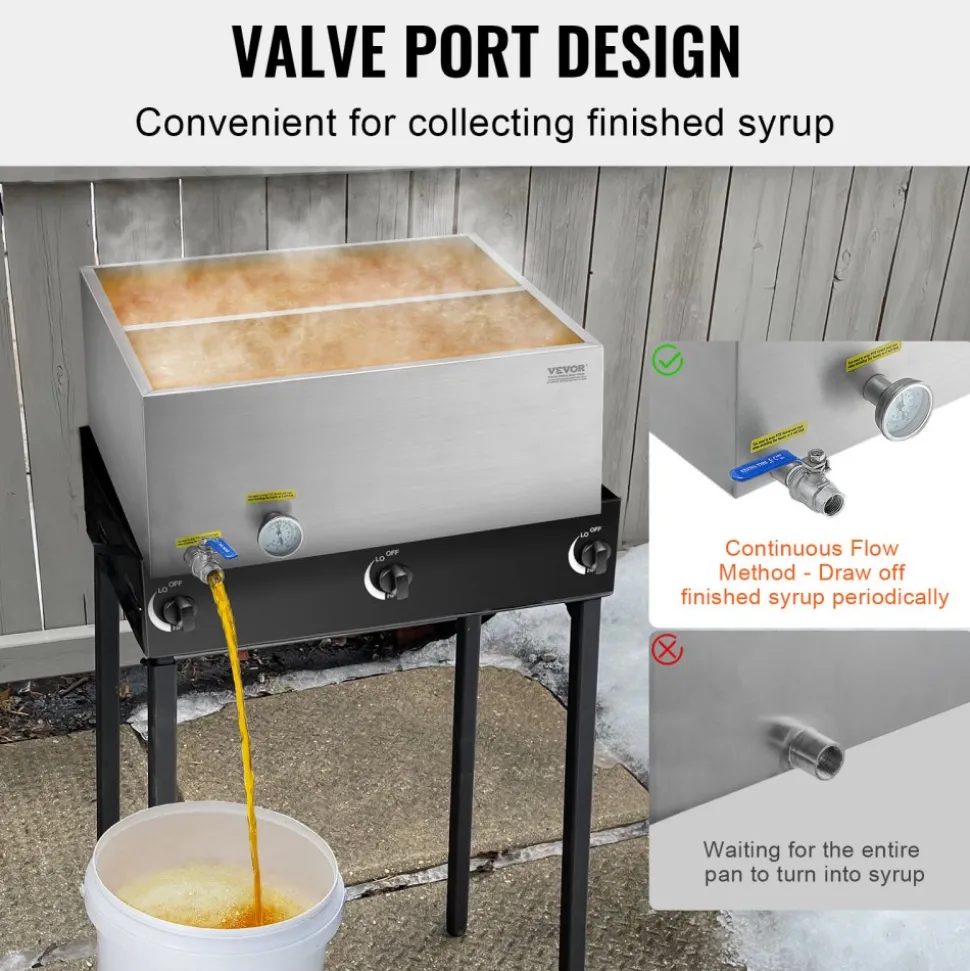 VEVOR Maple Syrup Evaporator Pan, 23.6 Gallon, 343 Cups of 8.8oz Maple Syrup, Flat Evaporator Pan with Thermometer, 1 Valve and 3 Heating Methods, 304 Stainless Steel Maple Syrup Pan for Home, Outdoor