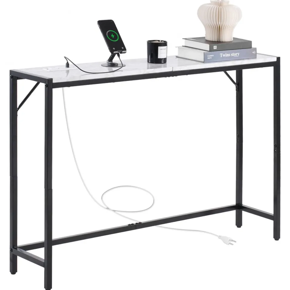 VEVOR Marble Console Table, Modern Narrow Long Console Table with Power Outlet, Thin Sofa Side Table with Iron Tubes, Anti-Tip Device and Triangular Support for Living Room, Hallway, Entryway, Foyer