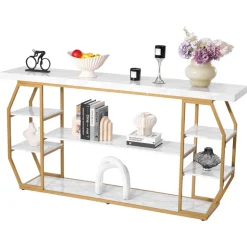 VEVOR Marble Console Table, 3 Tiers Modern Console Table for Open Storage, Golden Geometric Table with Iron Tubes, Anti-Tip Device and Triangular Support for Living Room, Hallway, Entryway, Foyer
