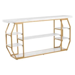 VEVOR Marble Console Table, 3 Tiers Modern Console Table for Open Storage, Golden Geometric Table with Iron Tubes, Anti-Tip Device and Triangular Support for Living Room, Hallway, Entryway, Foyer