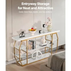 VEVOR Marble Console Table, 3 Tiers Modern Console Table for Open Storage, Golden Geometric Table with Iron Tubes, Anti-Tip Device and Triangular Support for Living Room, Hallway, Entryway, Foyer