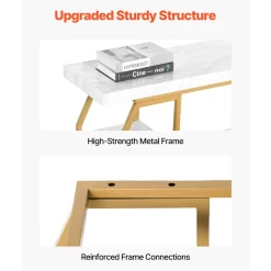 VEVOR Marble Console Table, 3 Tiers Modern Console Table for Open Storage, Golden Geometric Table with Iron Tubes, Anti-Tip Device and Triangular Support for Living Room, Hallway, Entryway, Foyer