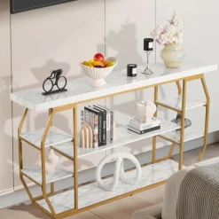 VEVOR Marble Console Table, 3 Tiers Modern Console Table for Open Storage, Golden Geometric Table with Iron Tubes, Anti-Tip Device and Triangular Support for Living Room, Hallway, Entryway, Foyer