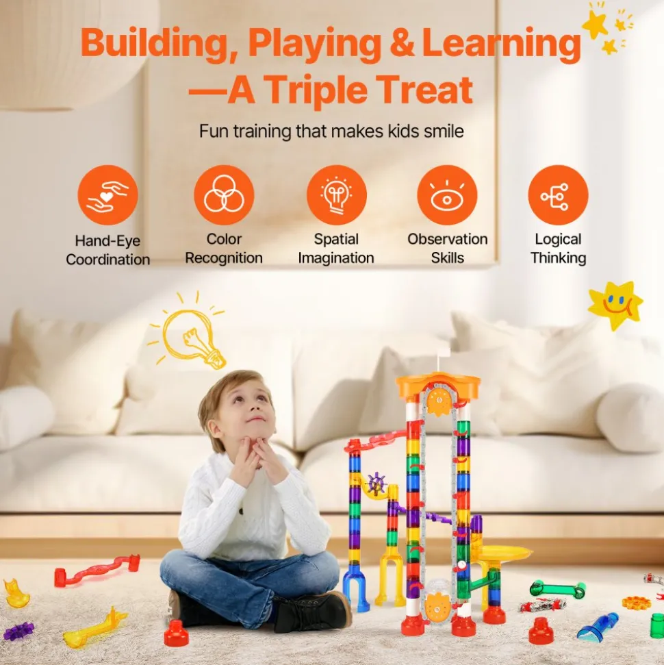 VEVOR Marble Run Set, 153 PCS with Motorized Elevator, with 30 Plastic Marbles, Marble Maze Building Block Brain Game, Educational Learning Race Track STEM Toys, for Kids, Boys, Girls Ages 3 + Years