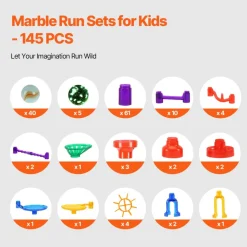 VEVOR Marble Run Set, 145 Piece Marble Maze Building Block Brain Game, with 5 Glow in the Dark Marbles + 40 Glass Marbles, Educational Learning Race Track STEM Toys, for Kids, Boys, Girls Ages 3 +