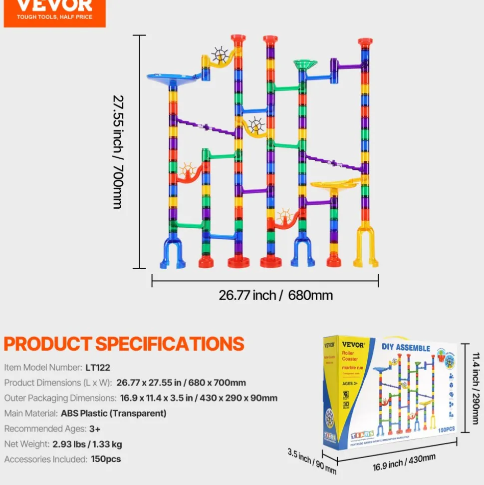 VEVOR Marble Run Set, 150 Piece Marble Maze Building Block Brain Game, with 10 Glow in the Dark Marbles + 40 Glass Marbles, Educational Learning Race Track STEM Toys, for Kids, Boys, Girls Ages 3 +