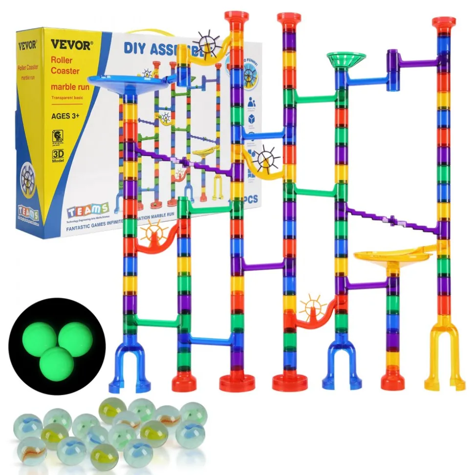 VEVOR Marble Run Set, 150 Piece Marble Maze Building Block Brain Game, with 10 Glow in the Dark Marbles + 40 Glass Marbles, Educational Learning Race Track STEM Toys, for Kids, Boys, Girls Ages 3 +