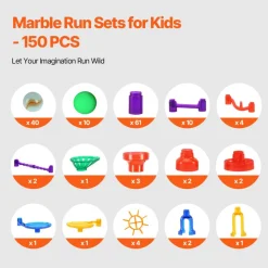 VEVOR Marble Run Set, 150 Piece Marble Maze Building Block Brain Game, with 10 Glow in the Dark Marbles + 40 Glass Marbles, Educational Learning Race Track STEM Toys, for Kids, Boys, Girls Ages 3 +