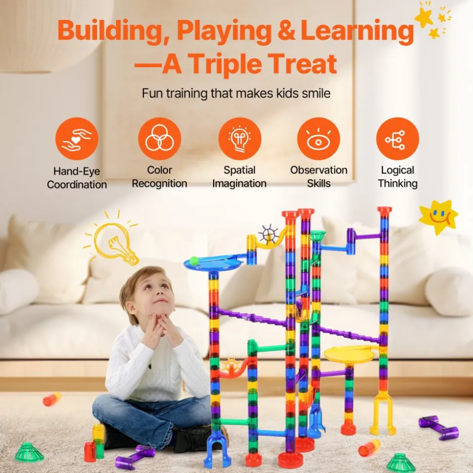 VEVOR Marble Run Set, 150 Piece Marble Maze Building Block Brain Game, with 10 Glow in the Dark Marbles + 40 Glass Marbles, Educational Learning Race Track STEM Toys, for Kids, Boys, Girls Ages 3 +