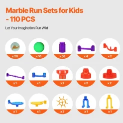 VEVOR Marble Run Set, 110 Piece Marble Maze Building Block Brain Game, with 10 Glow in the Dark Marbles + 20 Glass Marbles, Educational Learning Race Track STEM Toys, for Kids, Boys, Girls Ages 3 +