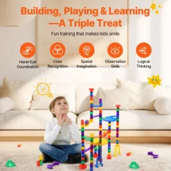 VEVOR Marble Run Set, 110 Piece Marble Maze Building Block Brain Game, with 10 Glow in the Dark Marbles + 20 Glass Marbles, Educational Learning Race Track STEM Toys, for Kids, Boys, Girls Ages 3 +