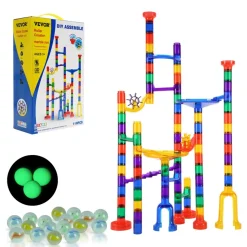 VEVOR Marble Run Set, 110 Piece Marble Maze Building Block Brain Game, with 10 Glow in the Dark Marbles + 20 Glass Marbles, Educational Learning Race Track STEM Toys, for Kids, Boys, Girls Ages 3 +
