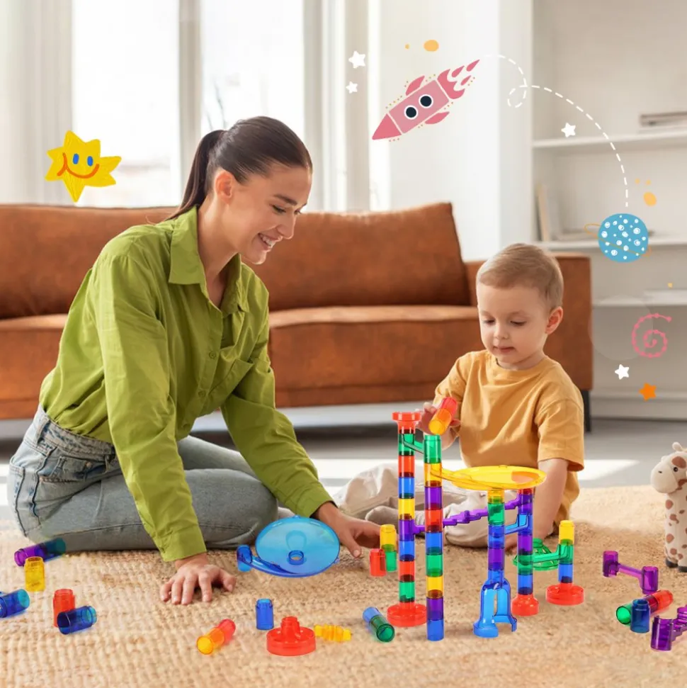 VEVOR Marble Run Set, 110 Piece Marble Maze Building Block Brain Game, with 10 Glow in the Dark Marbles + 20 Glass Marbles, Educational Learning Race Track STEM Toys, for Kids, Boys, Girls Ages 3 +