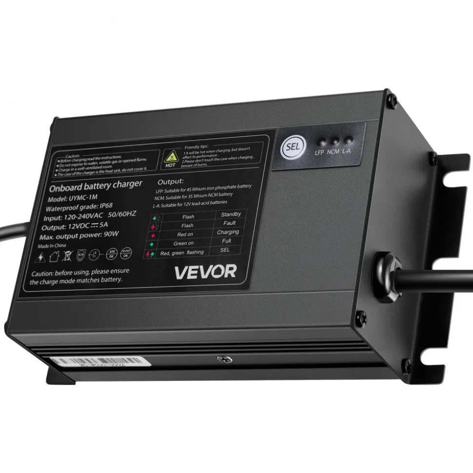 VEVOR Marine Battery Charger, 1-Bank, 5A 12V Onboard Boat Charger, IP68 Waterproof Smart On-Board Battery Charger, for Lithium-Ion (LiFePO4), NCM, Lead-Acid Batteries, Large Boat, Yacht, RV, Trailer