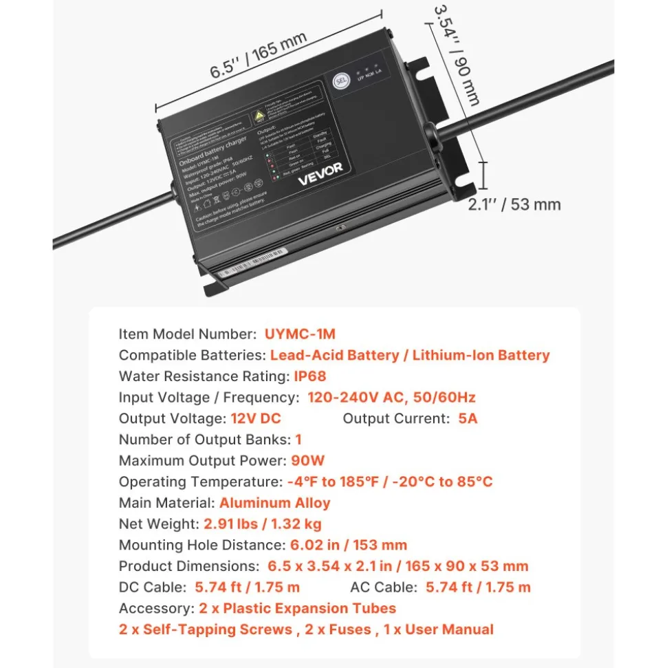 VEVOR Marine Battery Charger, 1-Bank, 5A 12V Onboard Boat Charger, IP68 Waterproof Smart On-Board Battery Charger, for Lithium-Ion (LiFePO4), NCM, Lead-Acid Batteries, Large Boat, Yacht, RV, Trailer