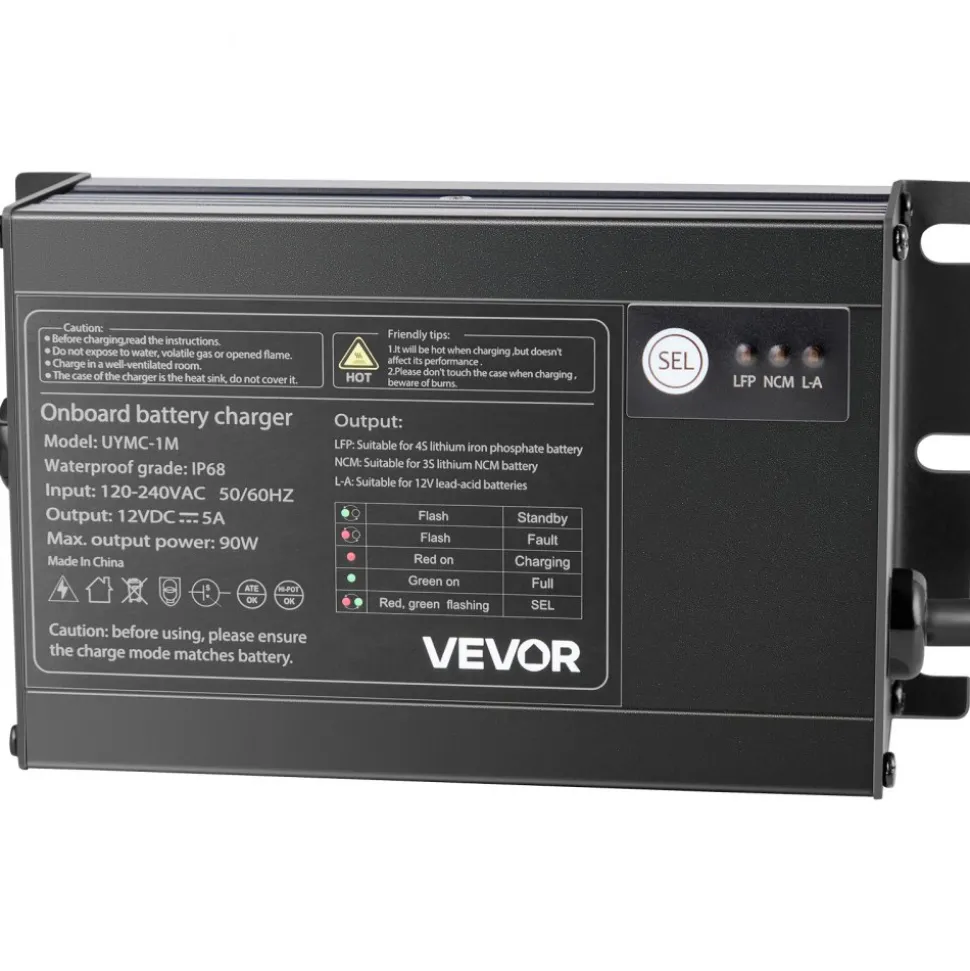 VEVOR Marine Battery Charger, 1-Bank, 5A 12V Onboard Boat Charger, IP68 Waterproof Smart On-Board Battery Charger, for Lithium-Ion (LiFePO4), NCM, Lead-Acid Batteries, Large Boat, Yacht, RV, Trailer