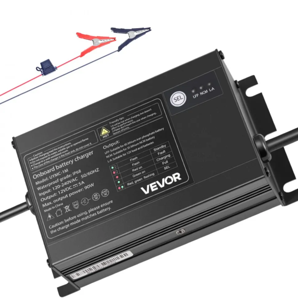 VEVOR Marine Battery Charger, 1-Bank, 5A 12V Onboard Boat Charger, IP68 Waterproof Smart On-Board Battery Charger, for Lithium-Ion (LiFePO4), NCM, Lead-Acid Batteries, Large Boat, Yacht, RV, Trailer