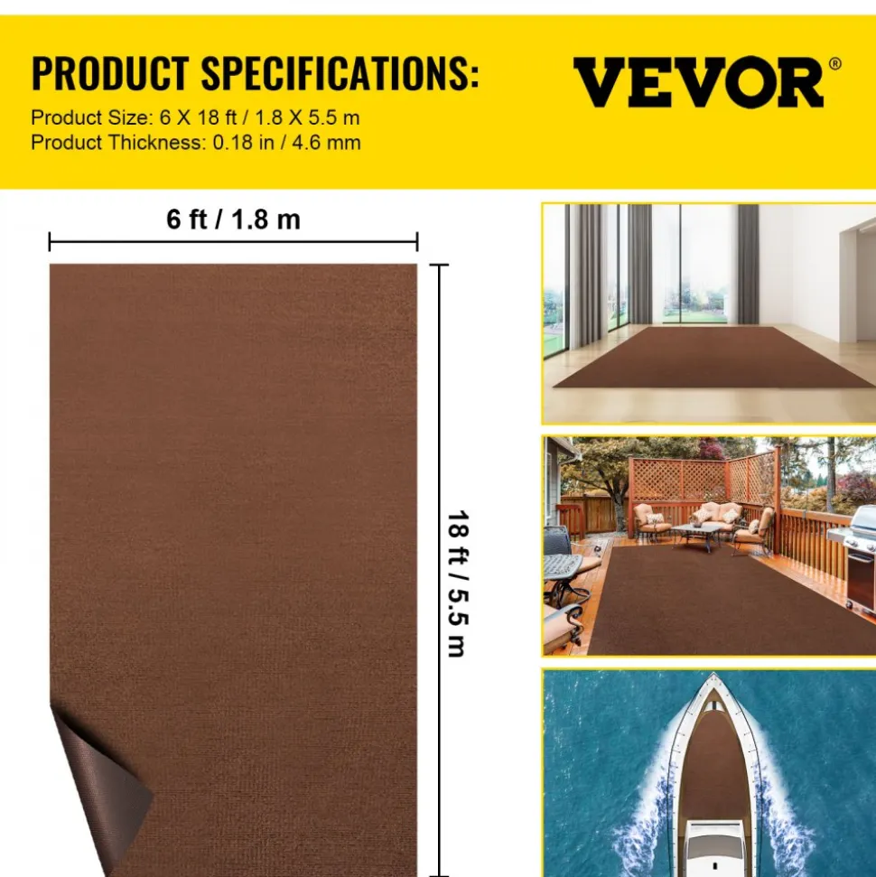 VEVOR Marine Carpet, 6 x 18 ft Boat Carpeting, Deep Brown Marine Grade Boat Carpet, Indoor/Outdoor Marine Carpeting with Water-Proof TPR Backing, Water-Proof Carpet Roll for Home, Patio, Porch, Deck