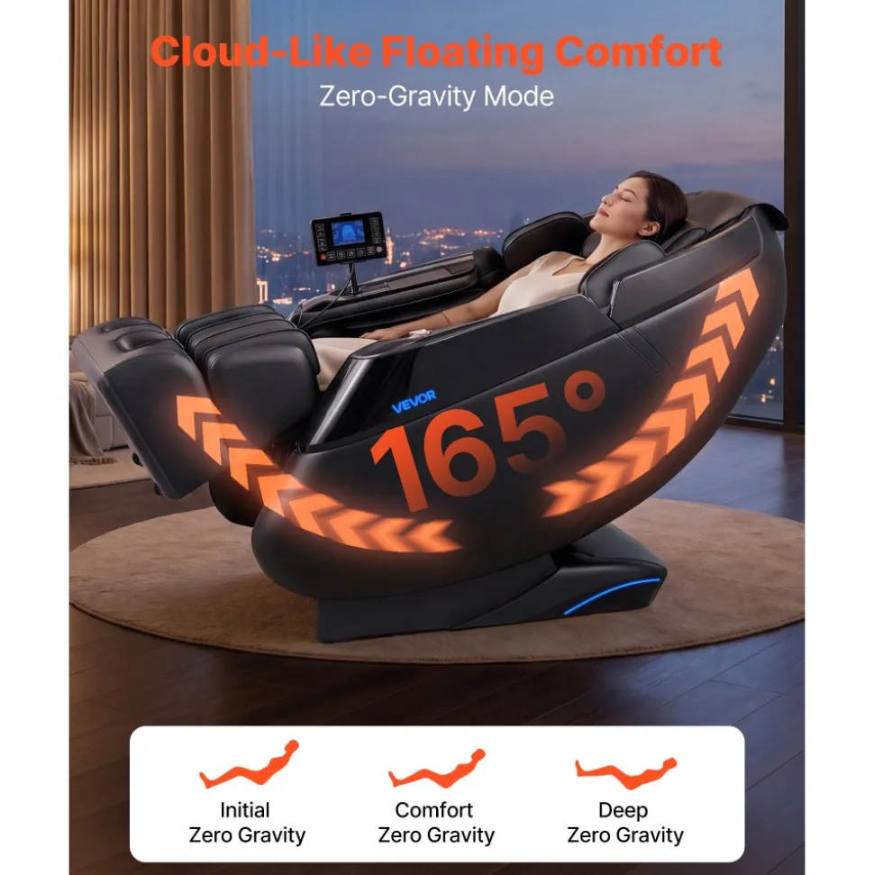 VEVOR Massage Chair, 4D Zero-Gravity Full Body Massage Chair with Extendable Footrest, Automatic Modes, Airbags, Waist & Leg Heating, Bluetooth Speaker, Touchscreen Control, for Home and Office Use