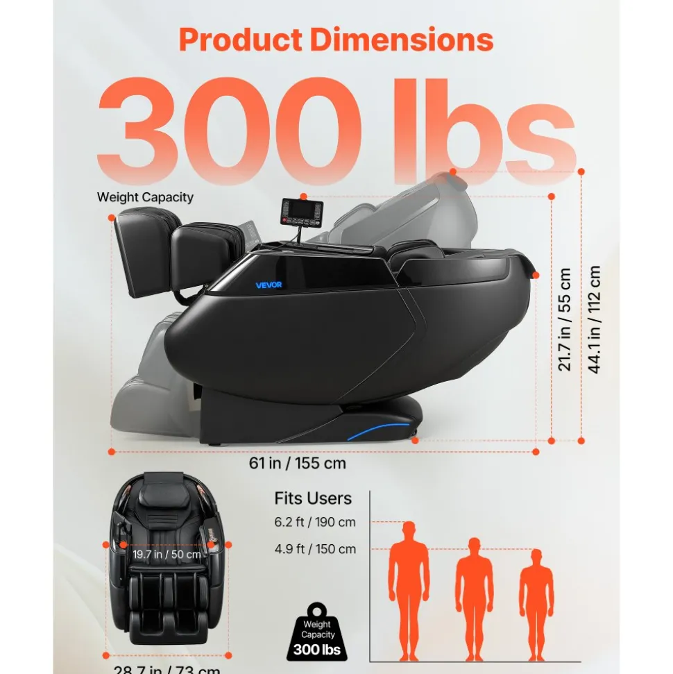 VEVOR Massage Chair, 4D Zero-Gravity Full Body Massage Chair with Extendable Footrest, Automatic Modes, Airbags, Waist & Leg Heating, Bluetooth Speaker, Touchscreen Control, for Home and Office Use